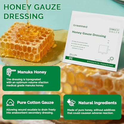 Greetmed Honey Gauze Dressing 2'' x 2'' Sterile Honey Wound Dressing, Medical Grade Manuka Honey Patches for Faster Wound Care | Burns | Traumatic Wounds and Laceration (Individually Pack of 10) - size: 2“ x 2”(10 Packs)