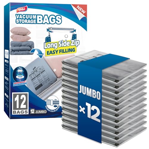 TAILI 12 Pack Vacuum Storage Bags, Jumbo LONG SIDE ZIP(39x28 inch), Clear - size: 12 Jumbo