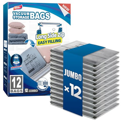 TAILI 12 Pack Vacuum Storage Bags, Jumbo LONG SIDE ZIP(39x28 inch), Clear - size: 12 Jumbo