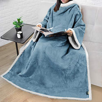 PAVILIA Sherpa Wearable Blanket with Sleeves and Pocket, Plush Thick Cozy Body Blanket Wrap for Adult Women Men, Christmas Gift for Wife Mom, Dusty Blue - color: Dusty Blue