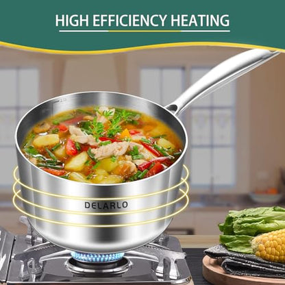 DELARLO Full-body Clad Tri-Ply Stainless Steel 3 Quart Saucepan with Lid - color: Silver, size: 3QT