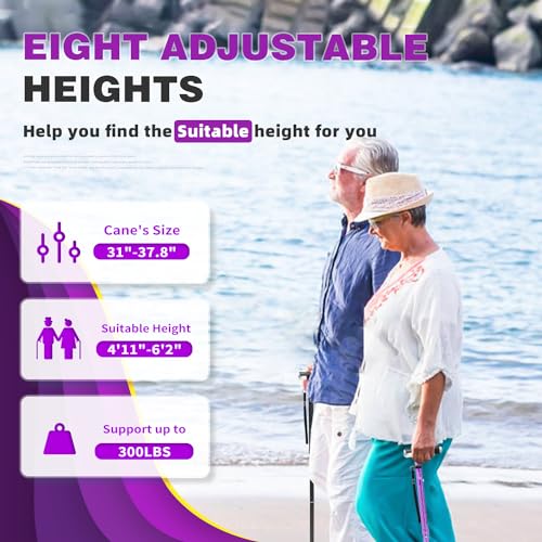 BeneCane Walking Cane for Women Folding Cane for Men with Two Led Lights Quad Cane with Stable Base Lightweight and Adjustable Walking Stick - color: Carved Purple