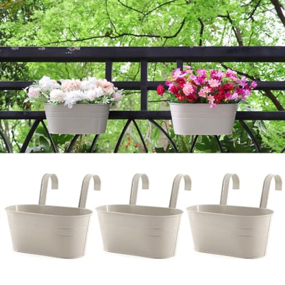 3 Pack Metal Railing Planters, 10.5" Oval Hanging Flower Pots with Detachable Hooks & Drainage Holes, Fits Rails up to 2.36", Galvanized Iron Fence Bucket for Balcony Garden Patio - Gray - color: Gray, size: 3 Pack, 10.5"L x 5.7"W x 4.7"H