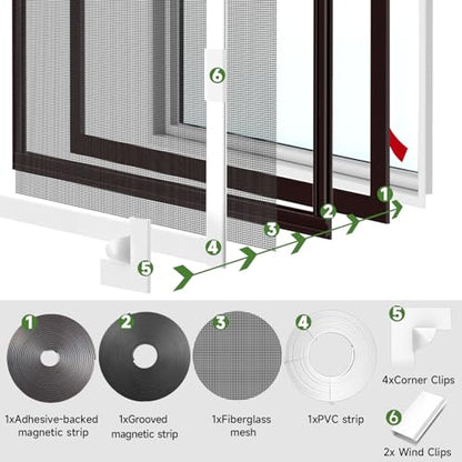 HOFUDON Window Screen Adjustable Magnetic Window Screen Replacement Max 43” x 47”, DIY Fiberglass Mesh Window Screens for House Windows White Frame Grey Mesh - color: White Frame Gray Mesh, size: 43" x 47"
