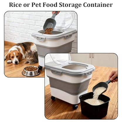 20-30 Lbs Grey Collapsible Airtight Rice Pet Food Storage Container | With Rolling Wheels Lock Lid Scoop Cup, Large Bin for Rice Flour Pet Food Home Storage