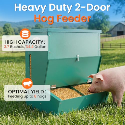 2 Door Hog Feeder,3.7 Bushel Heavy Duty Pig Feeder with Gravity Self Feeding System, Weatherproof Lid & Feed Level Window，Livestock Feeder for Barn, Farm