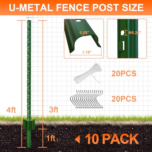 4 Feet (L) Fence Post 10 Pack Metal Fence Posts, Green Garden Fence Post with 20 Zip Ties and 20 Metal Clips, for Wire Fencing, Yard, Lawn, Outdoor Landscaping