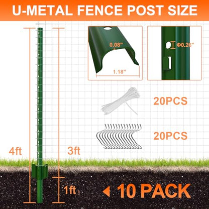 4 Feet (L) Fence Post 10 Pack Metal Fence Posts, Green Garden Fence Post with 20 Zip Ties and 20 Metal Clips, for Wire Fencing, Yard, Lawn, Outdoor Landscaping