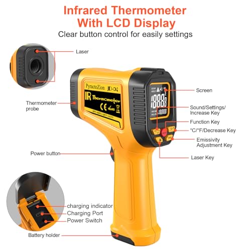 Rechargeable IR Thermometer Gun, -58°F~1472°F Non-Contact Laser Thermometer Gun, High Accuracy Digital Infrared Temperature Gun for Cooking, Griddle, Oven, Meat Food, HVAC, Automotive, Industrial Use - color: Orange