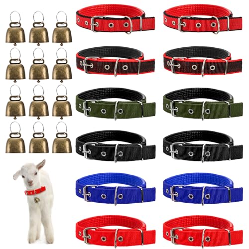 Coloch 12 Pack Goat Collars with Bells, Adjustable Nylon Sheep Collar with Anti-Lost Loud Cow Bells Small Copper Bronze Bells for Sheep, Cow, Goat, Dog