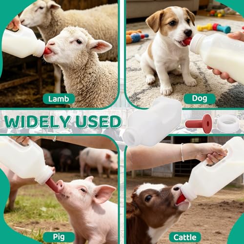 2 Pack Calf Bottle with Screw Nipple 2Quart Calf Milk Feeder Bottles& 4 Replacement Rubber Nipples & Cap,Calf Feeding Device with Hand Grip Handle Kid Livestock Nursing Feeding Bottles