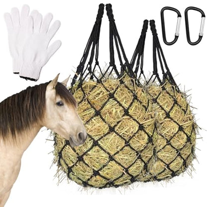 2PCS Hay Net for Horses - Ultra Slow Feed Hay Net with 2 Pairs Gloves, 2.36"x2.36" Holes 40” Heavy-Duty Horse Slow Feed Hay Nets for Stall, Trailer, Pasture - Strong & Durable Hanging Feeders