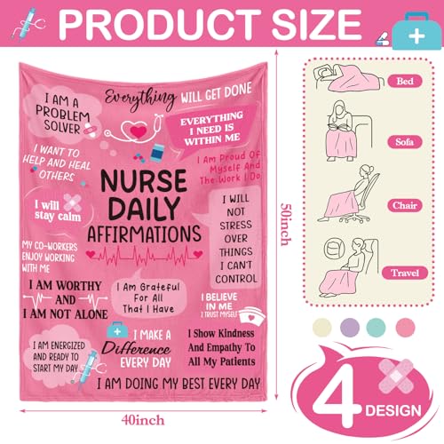 VitalCozy 4 Pack Nurse Blankets Gifts for Women Soft Flannel Throw Blanket Bulk Nurses Week Gifts for Medical Worker Nursing Student Graduation Party Favors, 40''x50'' - style: Nurse