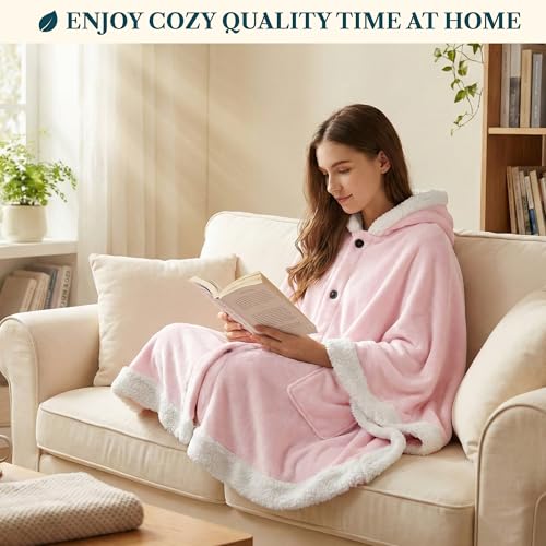 PAVILIA Hooded Blanket Poncho for Women, Fleece Wearable Shawl Wrap, Pink | Fleece Shawl Wrap with Hood, Adult Wearable Blanket, Cozy Warm Poncho Cape Throw with Pockets, Gift for Elderly Mom - color: Pink