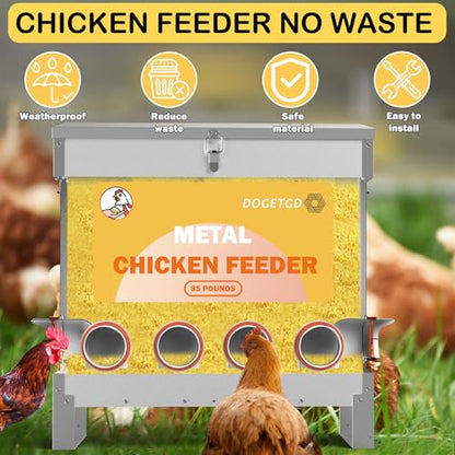 Automatic Chicken Feeder No Waste Metal Poultry Feeder Large Capacity 85 lbs for Chickens, Geese, Ducks, Turkeys, Quails (6-Port) - size: 6-Port
