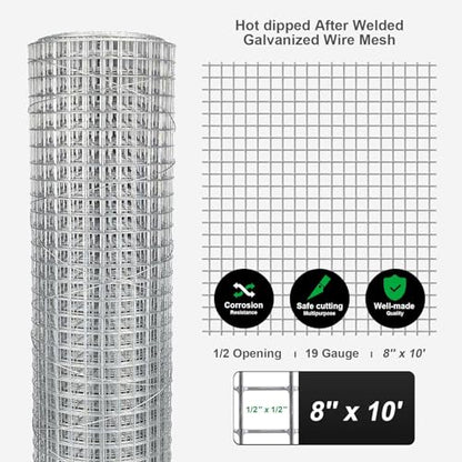 Hardware Cloth 8'' x 10' 1/2 in Galvanized Wire Mesh Roll (19 GA) Chicken Wire Fence Roll for Chicken Pen/coop Fences, Screen mesh, Rabbit/Snake Fences, Poultry enclosures, Handicraft Making, etc. - size: 8In x 10Ft