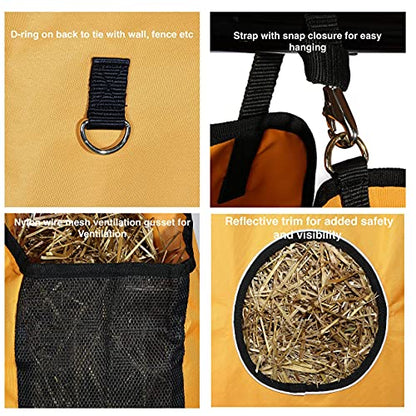 Majestic Ally 1200 D Hay Feeder Tote bag for Horses, Sheep with Reflective Trim- Reduces Waste - comes with 36” Hay Net. (Black) - color: Black