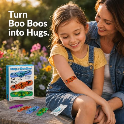 Butterfly Hugs - Premium Adhesive Butterfly Bandages from Hug-a-BooBoo, The Amazing Butterfly Bandages that Hug! Pretty Colorful Butterfies 24 Count Box - size: 24ct, style: Butterfly Hugs