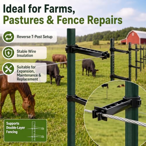 Pangda 50 Pcs 5 Inch Reversed Extender Insulator Snap Fit T Post Insulator | Black Extended Snug Fitting, T Post Electric Fence Wire Clips, For Yard Agricultural Ranchers Farm Fence - color: Black