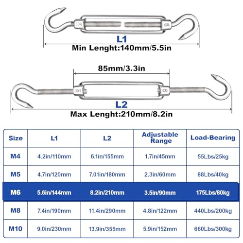 TooTaci 10PCS M6 Turnbuckle, 304 Stainless Steel Turnbuckle Hook and Hook | Turnbuckle Wire Tensioner, 220lb Adjustable Turnbuckles for Cables Wire, Shade, Cable Tightener, Garden Trellis, Clothesline - size: M6 CC-10Pcs