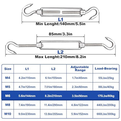TooTaci 10PCS M6 Turnbuckle, 304 Stainless Steel Turnbuckle Hook and Hook | Turnbuckle Wire Tensioner, 220lb Adjustable Turnbuckles for Cables Wire, Shade, Cable Tightener, Garden Trellis, Clothesline - size: M6 CC-10Pcs