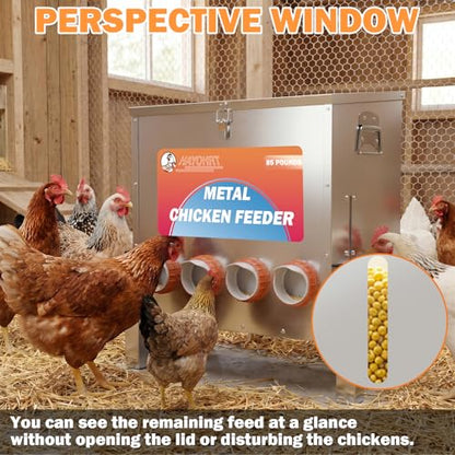 85 Pounds Automatic Chicken Feeder 6 Ports Large Gravity Fed Chicken Feeder with Adjustable Legs Perspective Window Latch & Handle for Chickens Bantams Pheasants - size: 6 Ports - 85-120 LBS with Legs