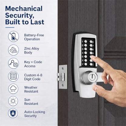 Keyless Door Lock with Handle, Battery-Free Mechanical Keypad Lock - color: Stainless steel color