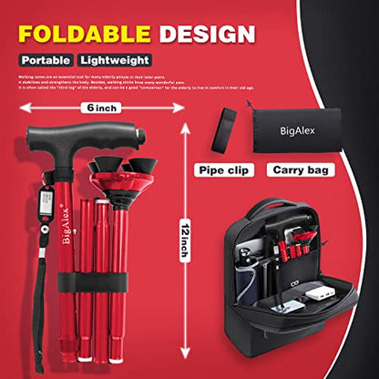 BigAlex Folding Walking Cane with LED Light,Pivoting Quad Base,Adjustable Walking Stick with Carrying Bag for Men/Women(5'5''-6'3'' Red) - color: Red