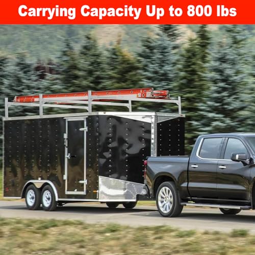 Trailer Ladder Rack, Adjustable Roof Rack for Open/Enclosed Trailers | 800 lb capacity. Painted frosted aluminum. 2 ratchet straps. Fits 5.7'-8.1' trailers. Height adjustable. Patent USD1011870S.