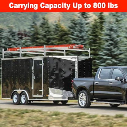 Trailer Ladder Rack, Adjustable Roof Rack for Open/Enclosed Trailers | 800 lb capacity. Painted frosted aluminum. 2 ratchet straps. Fits 5.7'-8.1' trailers. Height adjustable. Patent USD1011870S.