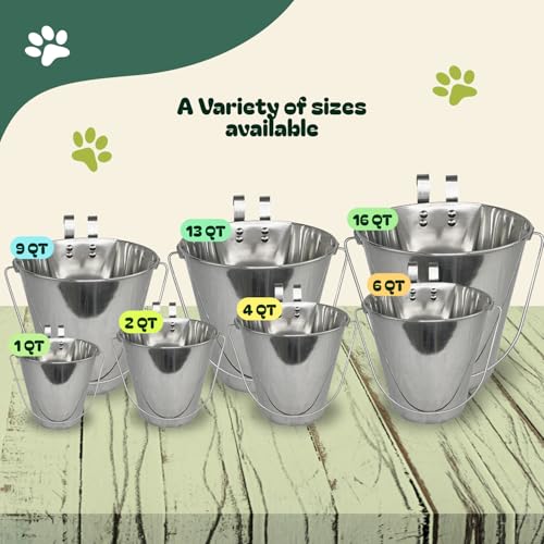 9 Quart Stainless Steel Bucket with Dual Hook | Perfectly Fits on Kennels, Cages and Critter Crates | Heavy Duty Bucket for Pets Cleaning & Food Prep - Flat Sided Pail - size: 9 Quart - Hooked