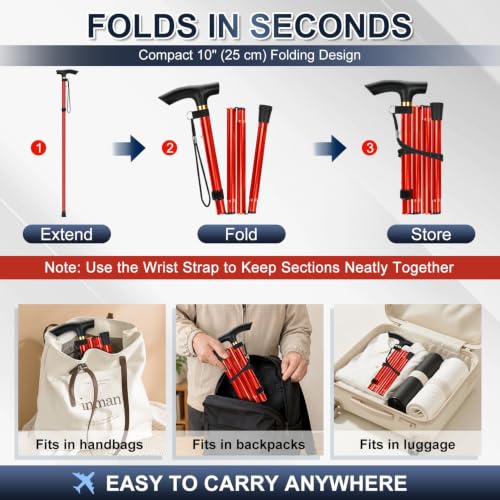 supregear Folding Cane, 5-Level Adjustable Height Walking Stick Lightweight Collapsible Portable Travel Cane with Wrist Strap and T Handle for Elderly Disabled Men Women - color: Red