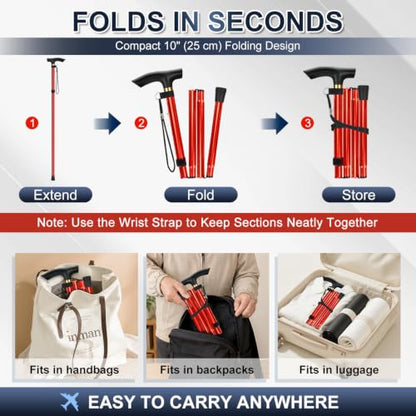 supregear Folding Cane, 5-Level Adjustable Height Walking Stick Lightweight Collapsible Portable Travel Cane with Wrist Strap and T Handle for Elderly Disabled Men Women - color: Red
