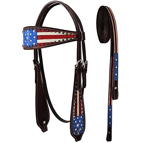 Tahoe Tack Patriotic Hand Painted American Flag Western Browband Headstall with Matching Reins