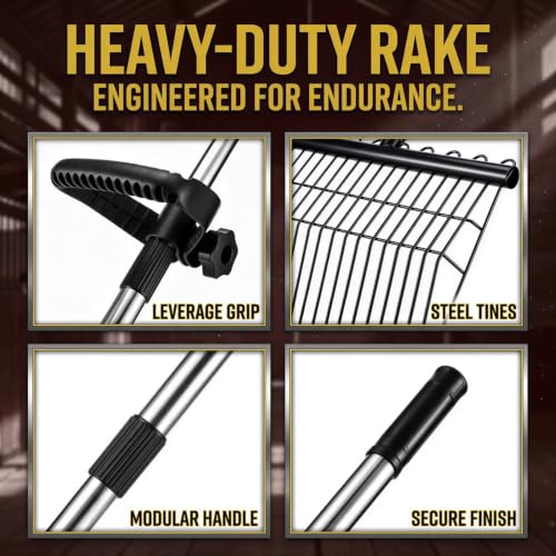 Manure Rake, Heavy Duty Steel Handle Rake, 53.5 in Long Reach