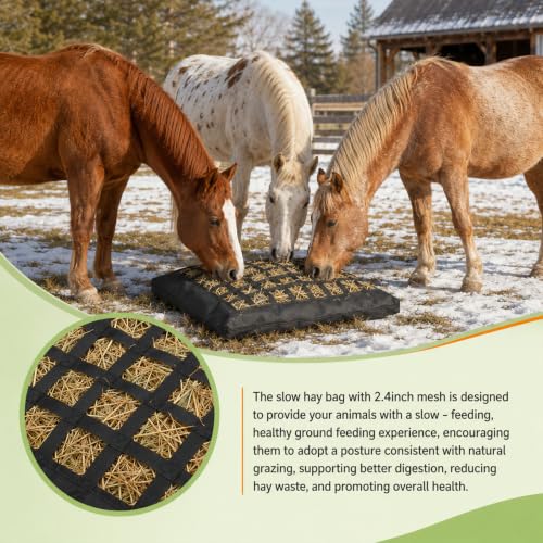 Hay Bags for Horses Slow Feed, 35L Large Capacity Hay Feeder with Zipper Design for Easy Filling, 1680D Heavy Duty Slow Flow Hay Net for Stable Pasture Trailer Ground Feeding, Hanging and Clean Eating