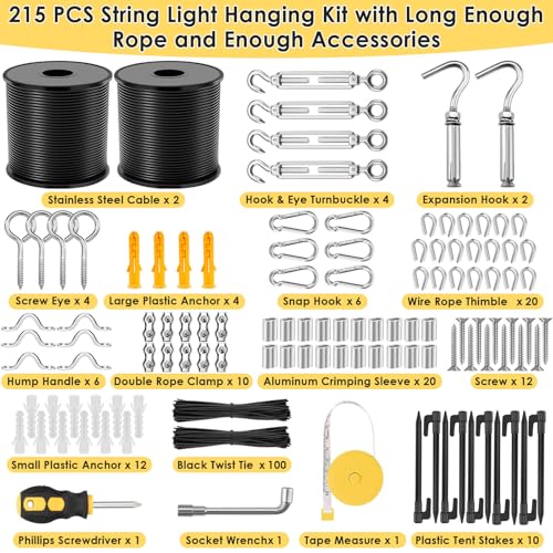 Flasoo 215Pcs String Light Hanging Kit, Outdoor Light Guide Wire Rope with 240FT Nylon Coated 304 Stainless Steel Cable, Turnbuckle, Hooks and Enough Accessories