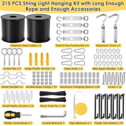 Flasoo 215Pcs String Light Hanging Kit, Outdoor Light Guide Wire Rope with 240FT Nylon Coated 304 Stainless Steel Cable, Turnbuckle, Hooks and Enough Accessories