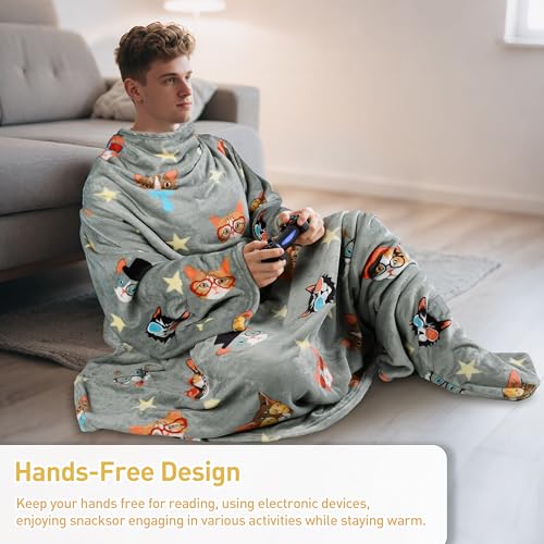 Catalonia Wearable Blanket with Sleeves & Foot Pocket for Adults - color: 80's Cat Dog Gray, size: Fleece