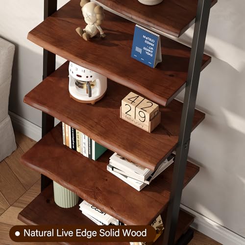 IBF 5-Tier Solid Wood Ladder Bookshelf with Natural Live Edge - size: 5-Tier