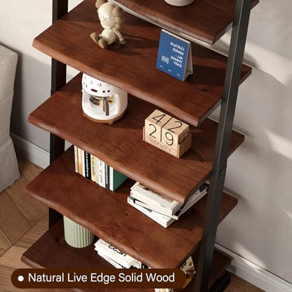 IBF 5-Tier Solid Wood Ladder Bookshelf with Natural Live Edge - size: 5-Tier