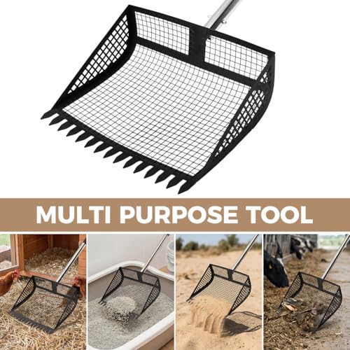 Chicken Poop Scooper, 2-in-1 Rake & Sifter, 24-68in Extendable Stainless Steel Handle with 12" Wide Metal Shovel Head, Poultry Litter Cleaner for Chicken Coop and Goat Stall