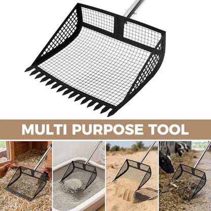 Chicken Poop Scooper, 2-in-1 Rake & Sifter, 24-68in Extendable Stainless Steel Handle with 12" Wide Metal Shovel Head, Poultry Litter Cleaner for Chicken Coop and Goat Stall