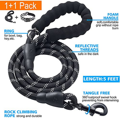 Ladoogo Reflective Dog Collar Padded with Soft Neoprene Breathable Adjustable Nylon Dog Collars for Small Medium Large Dogs (X-Small (Pack of 1), Black Plaid Collar+Leash) - color: Black/White, size: X-Small