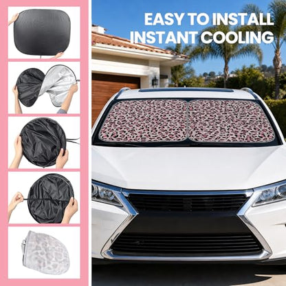 2 PCS Car Front Windshield Shade, Leopard Auto Windshield Sunshade Foldable Sun Blocker to Keep Your Vehicle Cool, Front Windscreen Sun & Heat Protection Cover for Most Vehicles (Pink) - color: Pink