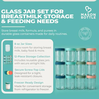 Mason Bottle Glass Breastmilk Storage Jars with Airtight Lids, 8oz,12-Pack - size: 8oz Jar Set (12 Pack)