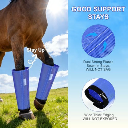 Fly Boots for Horses Set of 4, Loose Fitting Mesh Horse Fly Boots Leggings, Reduce-Stomping Adjustable Equine Leg Wraps & Socks, Stay Up Not Sag, No Rub (Blue) - color: Blue
