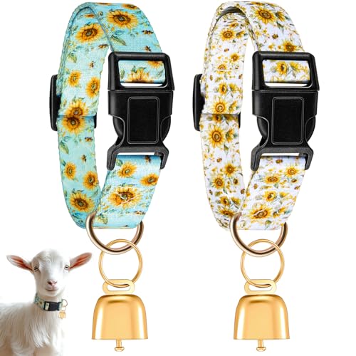 Talltalk 2 Pack Goat Collars with Bells Grazing Copper Bell and Adjustable Nylon Collar Set Loud Bronze Bell for Farm Sheep Cow Sheep Dog Accessories Goat Owner Gift(Sunflower)