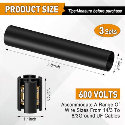 3 Sets Underground Wire Splice Kit for 14/3 to 8/3 Range Direct Burial UF Wire,600 Volts Maximum Waterproof Direct Burial Splice Kit with Connector and Heat Shrink Tubing for Electrical Cables
