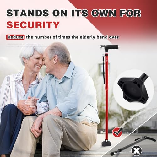 BeneCane Walking Cane for Women Folding Cane for Men with Two Led Lights Quad Cane with Stable Base Lightweight and Adjustable Walking Stick - color: Red
